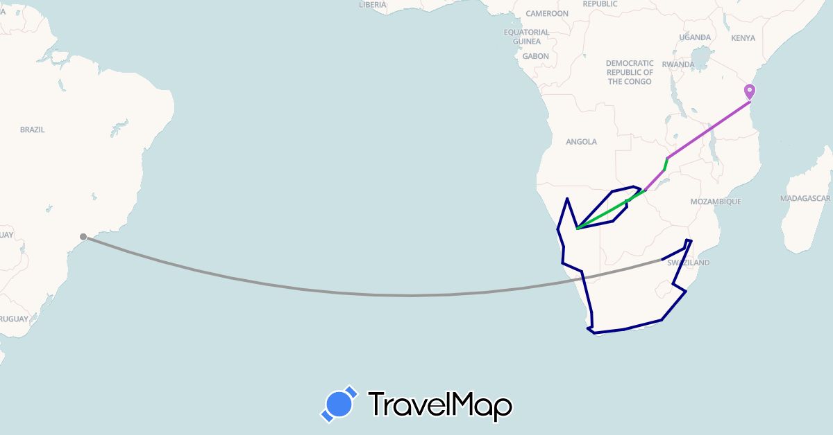 TravelMap itinerary: driving, bus, plane, train in Brazil, Botswana, Namibia, Tanzania, South Africa, Zambia (Africa, South America)